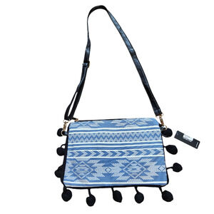 Lulus shoulder bag crossbody blue southwest print pompoms